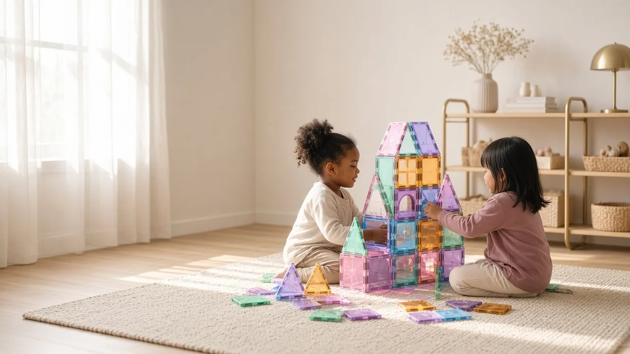 Two children building a colorful translucent magnetic tile castle in a sunlit playroom